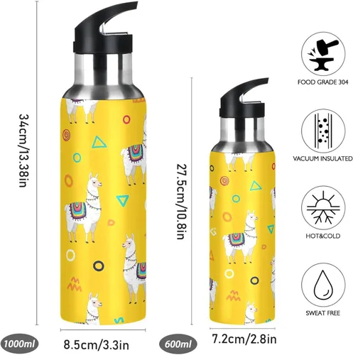 Miniatura 2 de BPA-Free Sports Water Bottle with Straw 20 Oz, Insulated Stainless Steel Water Bottle with Straw for Gym Outdoor Travel School, White Llamas Yellow