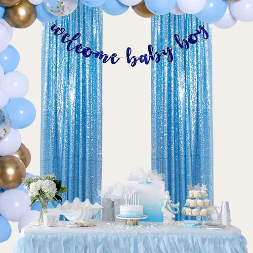Miniatura 2 de ShinyBeauty Cortinas de Lentejuelas Azul Bebé 2 pies x 8 pies 4 Paneles Telón de Fondo de Lentejuelas para Fotografía Pared Brillante Telón de Fondo