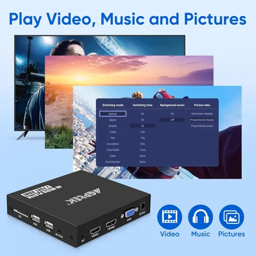 Miniatura 5 de Reproductor multimedia 4K @30Hz con salida dual HDMI, AV/VGA, divisor HDMI 4K, reproductor MP4 digital para 14TB HDD/512G USB/256G tarjeta SD/H.265
