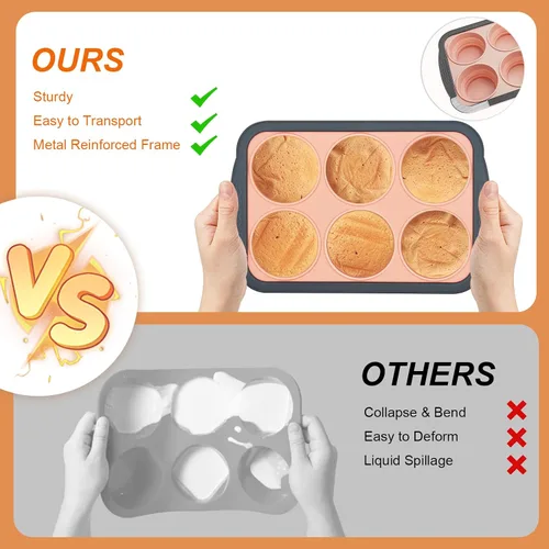 Miniatura 5 de Moldes de silicona para muffins para hornear con marco de metal, molde de silicona para muffins de 6 cavidades, molde antiadherente para cupcakes