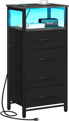 Miniatura 9 de Yoobure - Mesita de noche - Cómoda pequeña para dormitorio, mesita de noche LED negra con estación de carga, mesa de noche con 4 cajones de tela
