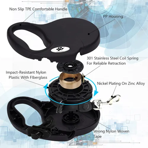 Miniatura 5 de Correa retráctil de 16 pies para perros grandes de hasta 44 libras, cinta de nailon sin enredos, color negro, M