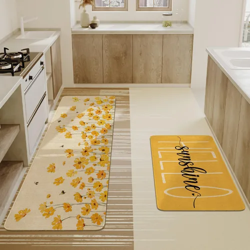 Miniatura 4 de Juego de 2 alfombras y tapetes de cocina de granja de primavera y verano, diseño floral de Hello Sunshine, antideslizante, lavable