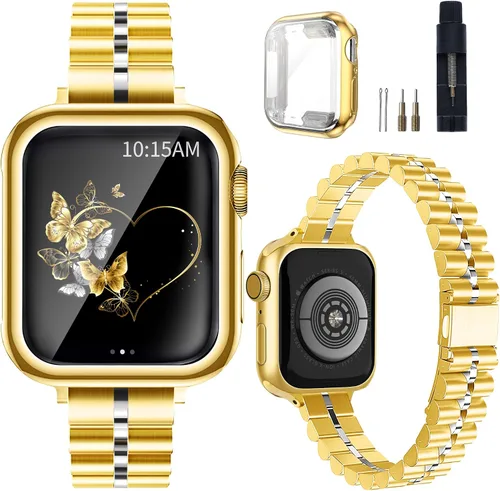 Correa de metal de lujo y fina compatible con Apple Watch Band de 1.732 pulgadas con funda de 1.732 pulgadas para mujer, joyería mejorada delgada de