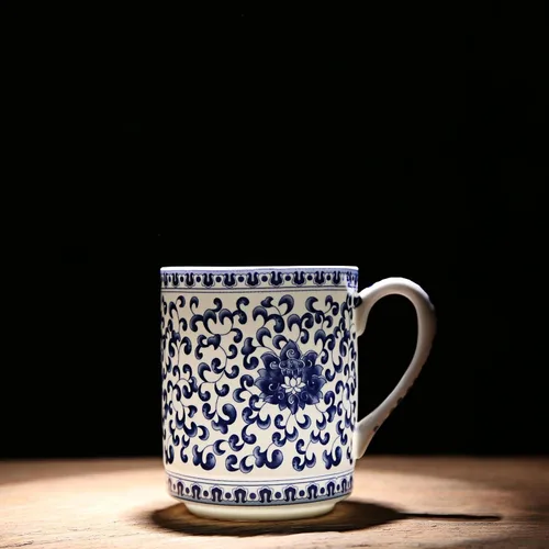 Miniatura 2 de 123Arts Taza de café de cerámica Retro azul y blanco taza de té taza de agua taza de leche con tapa