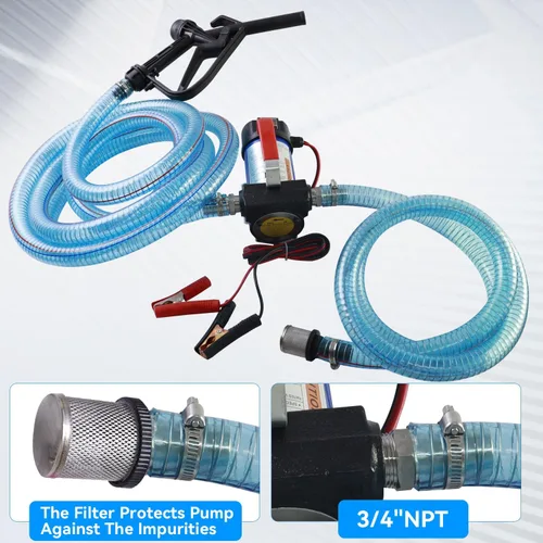 Miniatura 7 de Bomba de transferencia de combustible diésel de 175 W, flujo alto de 45 l/min con boquilla manual, kit de manguera transparente de 1 pulgada