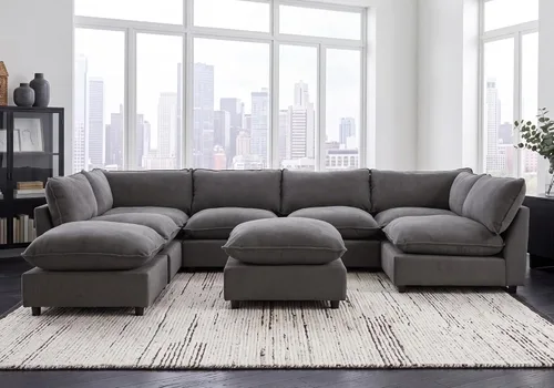 Miniatura 39 de Iroomy Oversized Modular Sectional Sofa, Chenille Cloud Couch, Deep Comfy Seat, 4-Seater Sofas, Couches, Living Room, Beige