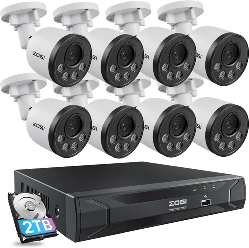 ZOSI Sistema de cámara de seguridad PoE de 5MP 8CH con audio, H.265+ 5MP NVR de 8 canales con disco duro de 2 TB, 8 cámaras IP PoE resistentes a la
