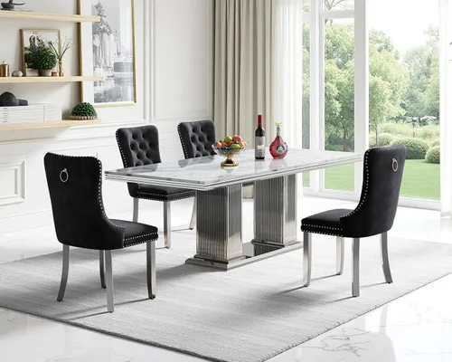 Miniatura 31 de Juego de mesa de comedor de mármol para 4, mesa de cocina rectangular de mármol negro de 68 pulgadas con base en H de acero inoxidable dorado, juego