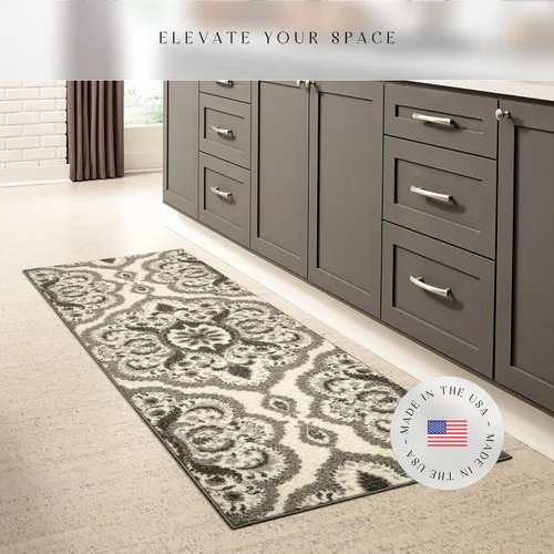 Miniatura 2 de Maples Rugs - Alfombra antideslizante Vivian, para pasillo o entrada, patrón de medallones [fabricada en Estados Unidos], 2 x 6 pies, color gris