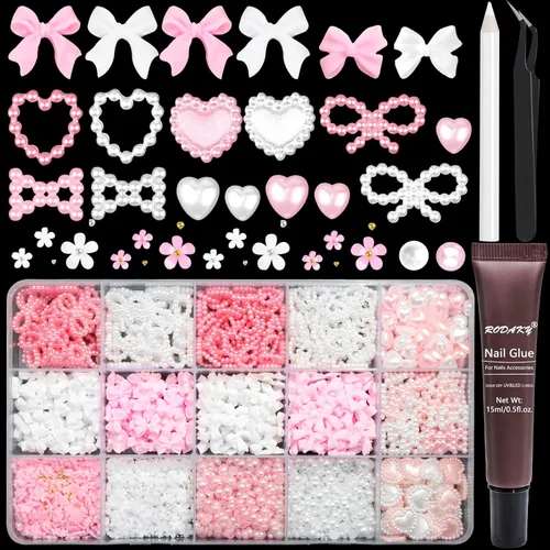 Miniatura 10 de RODAKY 1000 dijes de uñas con lazo, lazo rosa y blanco, corazón, estrella, coqueta, decoración de uñas, cuentas de perlas con parte trasera plana