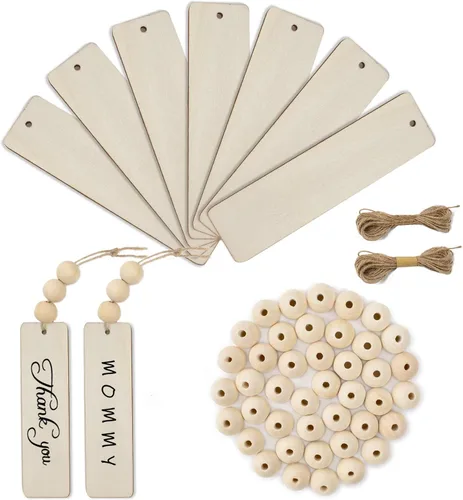 20 etiquetas de madera para manualidades con agujeros y 50 cuentas de madera para manualidades de madera en blanco, etiquetas colgantes adornos con