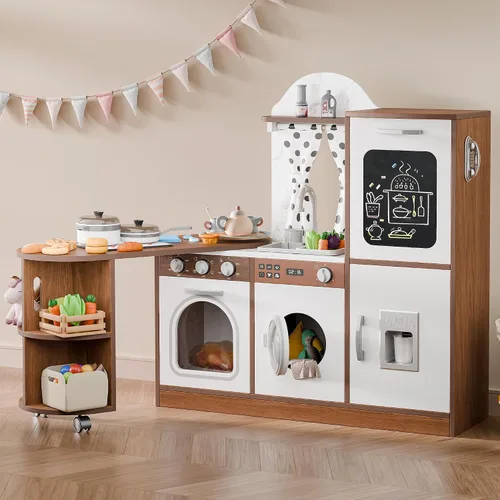 Miniatura 8 de Estación de trabajo de juego de cocina de madera con diseño giratorio de 180°, juego de cocina para niños con luces y sonidos interactivos, juego