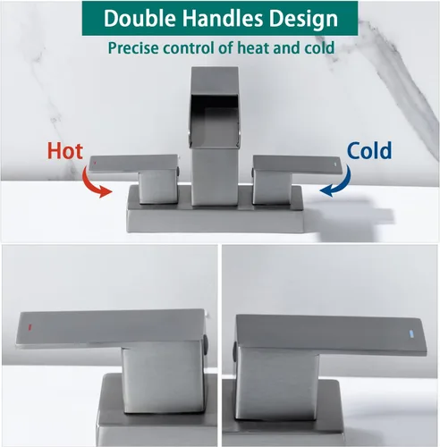 Miniatura 8 de Grifo de lavabo de lavabo de 4 pulgadas con cascada de 3 agujeros, grifo de lavabo moderno con desagüe desplegable de desbordamiento, níquel Níquel