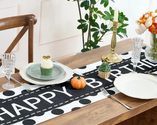Miniatura 4 de Letjolt - Camino de mesa de feliz cumpleaños, 72 pulgadas, punto negro Tela similar al lino, carteles de fiesta de cumpleaños, decoraciones de mesa