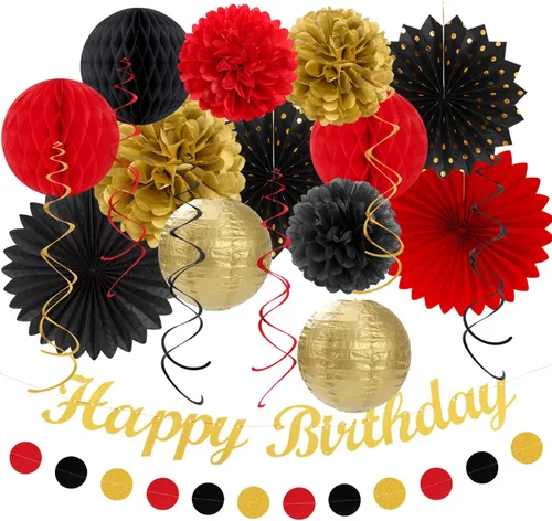 Miniatura 19 de Paquete de decoración de fiesta de cumpleaños para mujeres y hombres - 21 piezas. Banner feliz, papel de banderines, linternas de panal, pompones