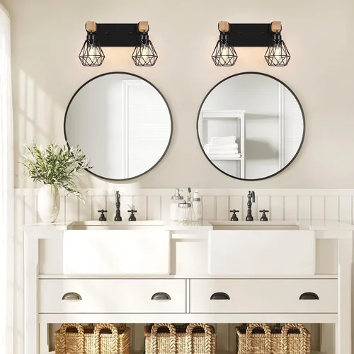 Miniatura 3 de FadimiKoo Aplique de pared de baño de madera de estilo rústico de 2 luces, accesorio de iluminación de tocador de granja para baño, lámpara de pared