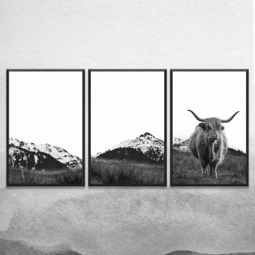 Miniatura 4 de SIGNWIN Lienzo enmarcado de 3 piezas de arte para la pared, diseño de ganado de las tierras altas frente a la montaña nevada, duotono en blanco