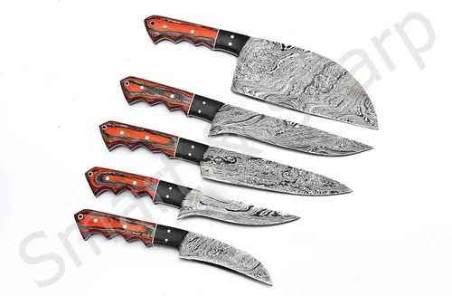 Miniatura 2 de Juego de cuchillos de chef de Damasco hechos a mano personalizados/cuchillos de cocina Juego de 5 piezas SS-17211 (madera de color naranja y negro)