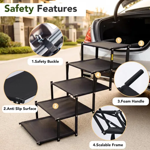 Miniatura 4 de Escaleras plegables para perros para automóvil, SUV y camión, rampa para mascotas de 5 escalones con superficie antideslizante, escalones portátiles
