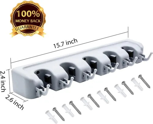 Miniatura 3 de LETMY Soporte para escoba montado en la pared, soporte para fregona y escoba, estante de almacenamiento de garaje y organizador de herramientas
