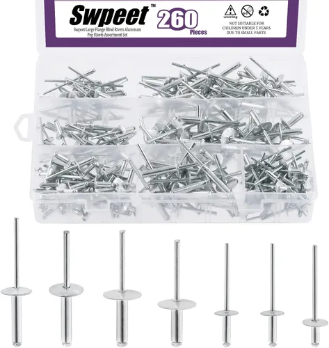 Swpeet 260 piezas de 7 tamaños 3/16" 1/8" 5/32" - M3.2/4/4.8 Kit surtido de remaches ciegos de aluminio con brida grande, remaches plateados para