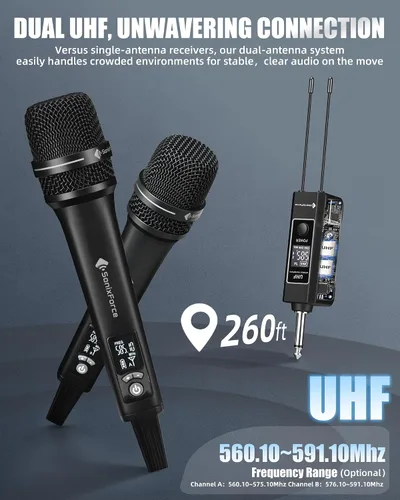 Miniatura 5 de Micrófonos inalámbricos, micrófono de karaoke profesional, sistema UHF de doble micrófono con rango de 260 pies, micrófono portátil de metal