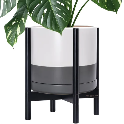 Miniatura 97 de D'vine Dev Maceta de cerámica con soporte de ébano – Maceta redonda moderna de 8 pulgadas con soporte para maceta de madera, color negro, 55-B-M-2