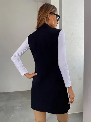 Miniatura 2 de SheIn Chaleco largo sin mangas con frente abierto para mujer chaqueta sólida con cuello de solapa