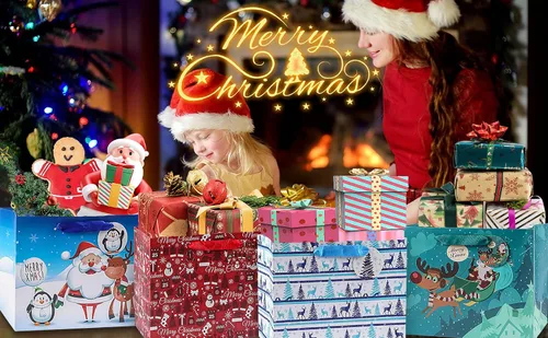 Miniatura 6 de JWSCYSY 18 Pack Bolsas de regalo de papel de Navidad con papeles de seda a granel, bolsas de regalo de Navidad medianas con diseños surtidos