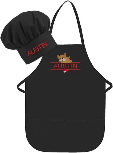 Miniatura 14 de Conjunto de delantal y sombrero personalizado para niños, diseño de animales, añade tu propio nombre para niños, cocina, horneado Blanco
