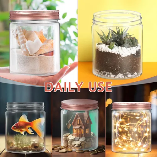 Miniatura 6 de Hushee 24 tarros de plástico de 8 onzas con tapas, tarros redondos transparentes para alimentos con tapas de oro rosa, tarros de plástico apilables