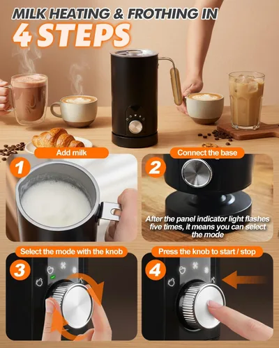 Miniatura 7 de Espumador de leche eléctrico 5 en 1, espumador de leche automático para hacer chocolate caliente con mango de grano de madera, calentador de leche