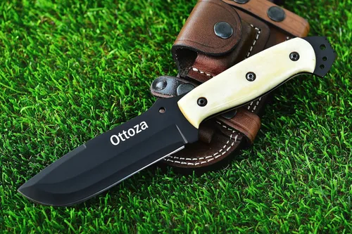 Miniatura 7 de Ottoza Cuchillo de caza de hoja fija con funda de cuero y transporte horizontal, cuchillo de supervivencia y campamento al aire libre de espiga