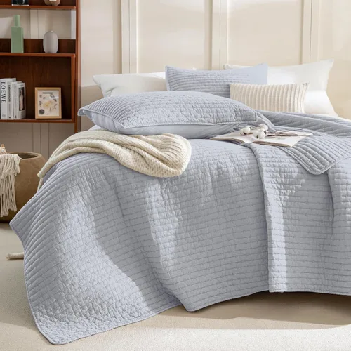 Sanracie - Juego de edredón de algodón lavado a la piedra tamaño Queen (90"x98"), juego de ropa de cama ultra suave azul aciano arrugado con patrón