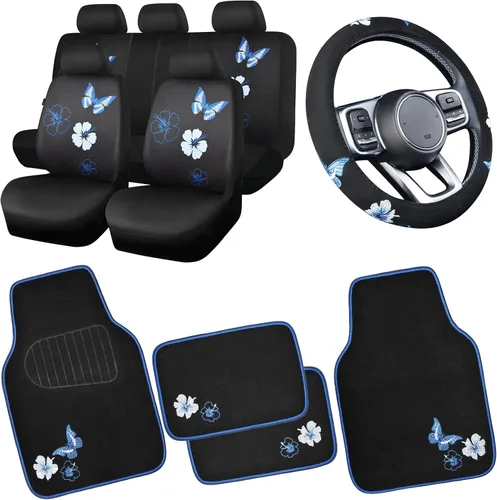Miniatura 16 de CAR PASS Juego completo de fundas de asiento de coche de tela universal con mariposas, alfombrillas de coche impermeables bordadas con flores, funda