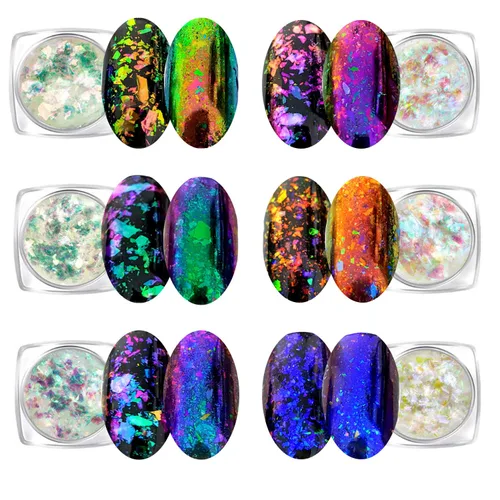 Juego de 6 frascos de copos de uñas de camaleón con purpurina iridiscente (camaleón claro)