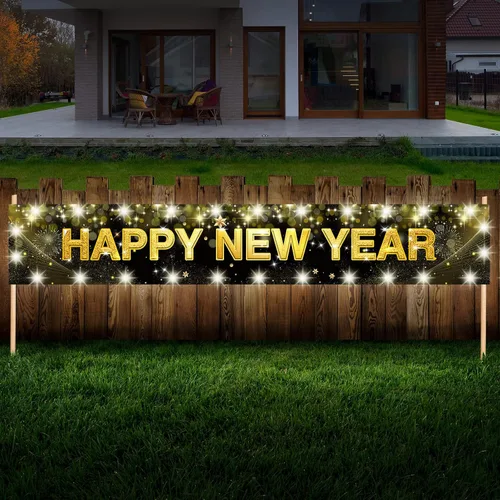 Letrero grande de feliz año nuevo con luces LED para decoraciones de Navidad, cartel negro y dorado de 118 x 19.6 pulgadas con clips transparentes