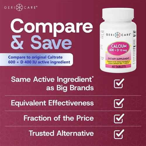 Miniatura 2 de GeriCare Calcio 600mg - Vitamina D 10mcg Tabletas - Salud ósea - Suplemento nutricional, 60 unidades (paquete de 1)