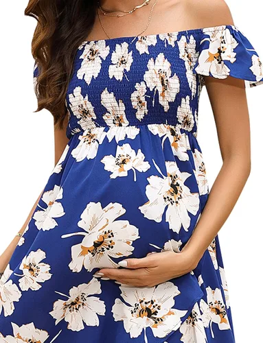 Miniatura 6 de KOJOOIN Vestido de maternidad para baby shower, sesión de fotos, verano, fruncido, hombros descubiertos, manga corta, vestido de embarazo