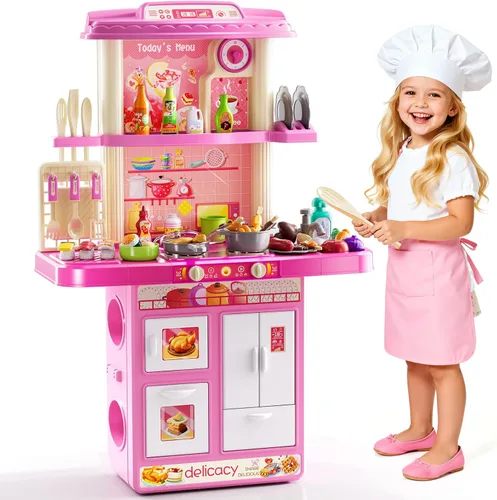 Juego de cocina para niños, juego de cocina para niños pequeños con sonido y luz, fregadero de paly con 46 piezas de juguete de comida y accesorios