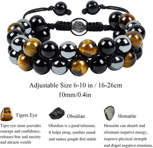 Miniatura 14 de Triple Protection Bracelet Natural Black Obsidian Tigers Eye Hematite Beads Crystal Bracelet Healing Bracelets for Men Women Bring Prosperity Luck