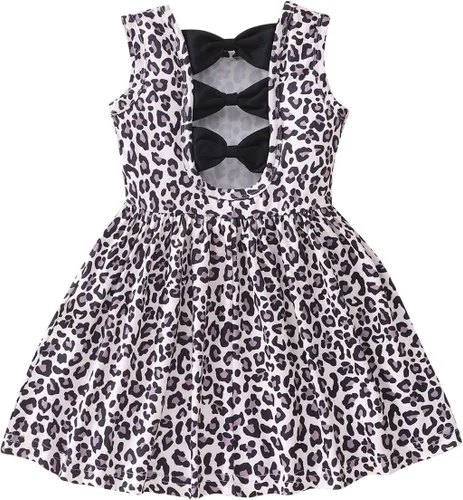 Miniatura 12 de Popshion Vestidos de verano para niñas con estampado de leopardo, vestido con lazo en la espalda, ropa de dinosaurio, sin mangas, para niños
