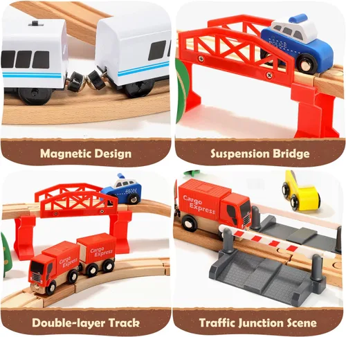 Miniatura 3 de Juego de tren eléctrico de madera para niños pequeños, 88 piezas de juguetes de vías de tren para 3, 4, 5 años, gran regalo de Navidad para niños