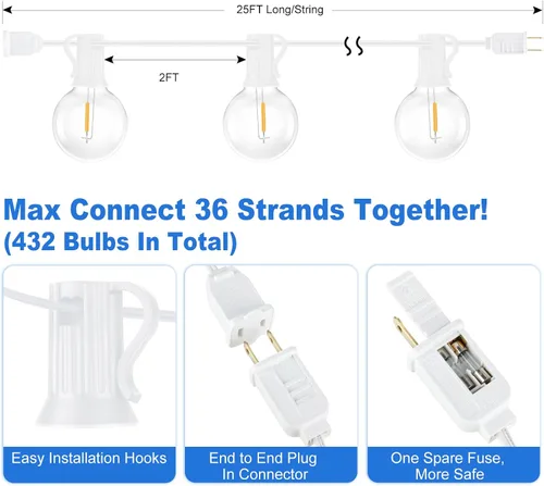 Miniatura 2 de Bosceos Tira de luces LED G40 para exteriores, 25 pies, regulables, inastillables, impermeables, con 12+2 bombillas conectables, luz colgante Blanco