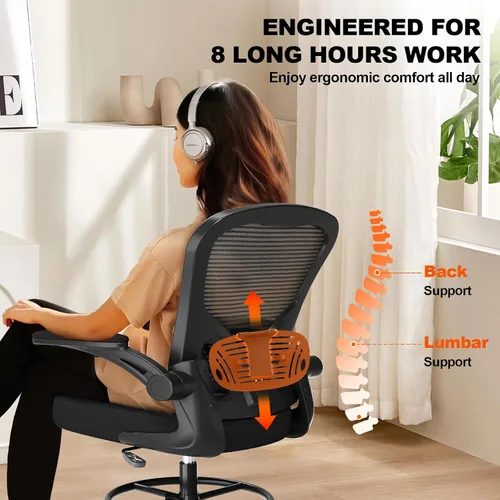 Miniatura 8 de Silla de Dibujo Ergonómica, Silla de Oficina Alta con Reposabrazos Abatibles, Silla de Escritorio Alta de Malla Transpirable con Soporte Lumbar