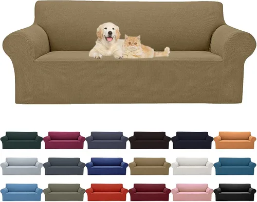 Miniatura 48 de Cupuamon Funda elástica para sofá de 1 plaza, funda protectora de muebles con parte inferior elástica de tela jacquard a cuadros pequeños para Beige