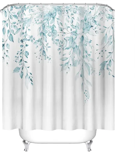Miniatura 4 de Tititex Spun Sugar - Juego de cortinas de ducha de eucalipto azul claro, hojas de acuarela brillantes en la parte superior, decoración floral
