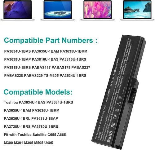 Miniatura 5 de PA3634U-1BAS - Batería para portátil Toshiba Satellite A665 C655 L645 L645D L650 L650D L655 L655D L670 L675 M300 M301 M305 M505 U405, p/n PABAS22 8