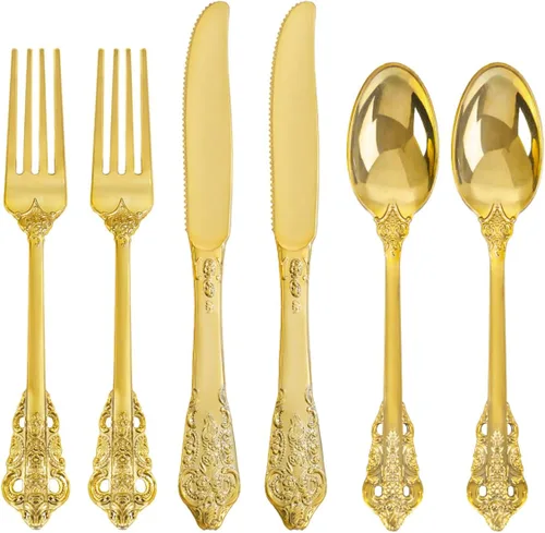 Miniatura 13 de bUCLA 600 cubiertos de plástico dorado – Utensilios dorados desechables – Juego de cubiertos de plástico resistente – 200 tenedores, 200 cucharas